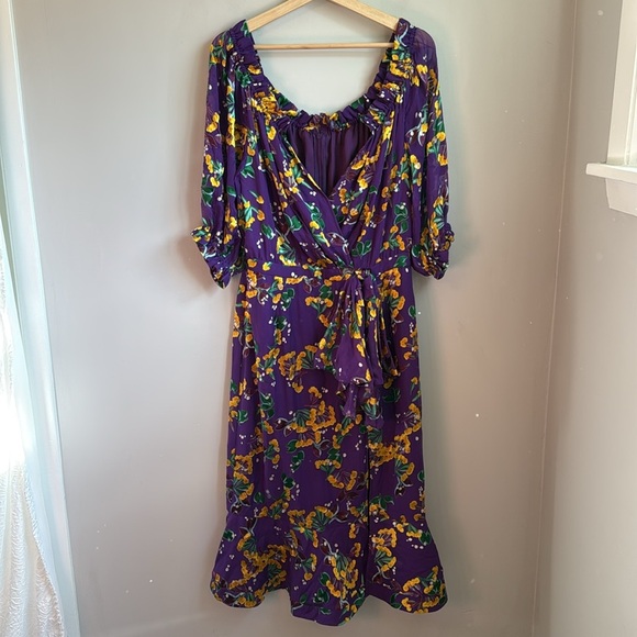 NWT SALONI Olivia Floral Printed Silk Midi Dress ~ Violet Sweetpeas SZ 10 - Picture 5 of 11